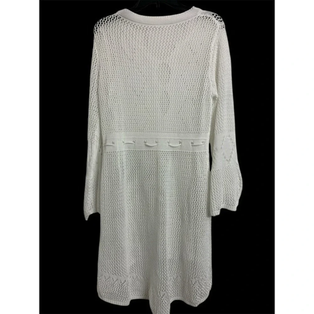 White Crochet Open Knit Cover Up Dress Bell Sleeve‎ High Low Tunic Drawstring